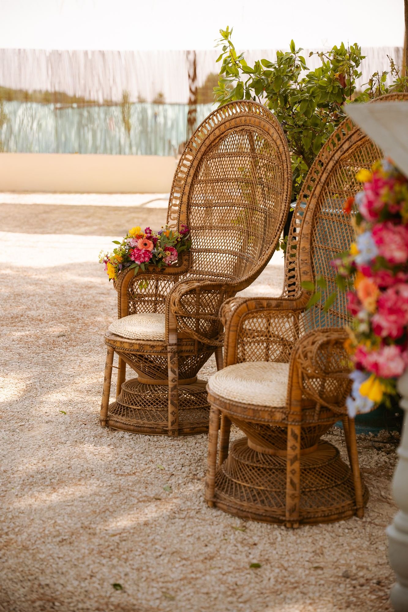 Fauteuils en rotin décorés de fleurs