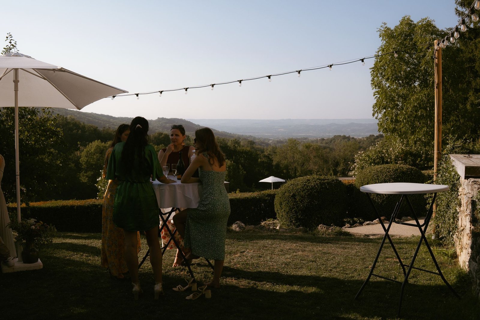 Invités trinquant devant le paysage